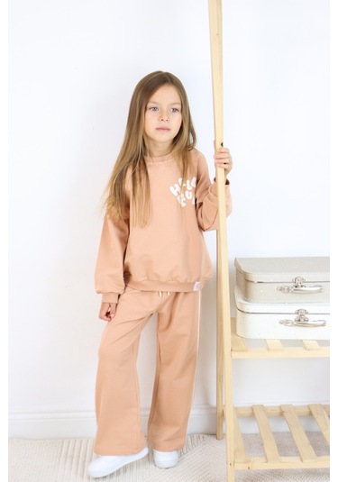 Kız Çocuk Hello Fun Baskılı İspanyol Paça İki İplik Eşofman Takımı Açık Kahverengi