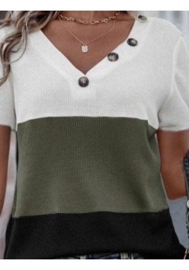 Kadın Kısa Kollu V Yakalı Düğmeli Waffle Bluz Beyaz