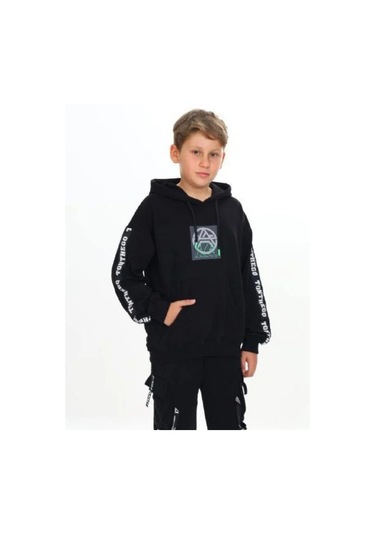 Çocuk Kapüşonlu Stay Strong Yazılıi Sweatshirt-14816 Siyah