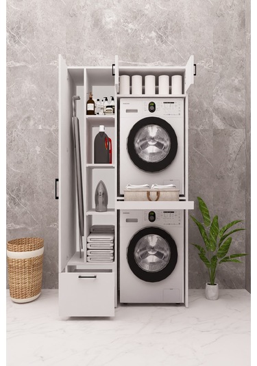 Mdf Çamaşır Makinesi Ve Kurutma Makinesi Dolabı Ütü Masalı Beyaz