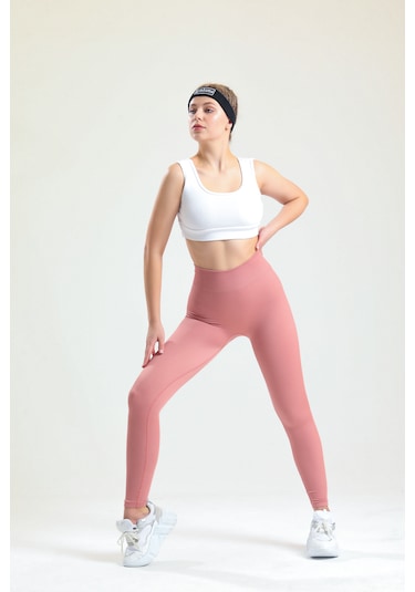 Gymhams Pudra Kalçası Büzgülü Premium Fitilli Ekstra Push Up Yüksek Bel Esnek Spor Tayt Pembe