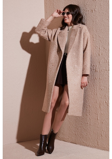 Lela Oversize Fit Mono Yaka Düğmeli Buklet Uzun Kaşe Bayan Kaban 6810236 Bej