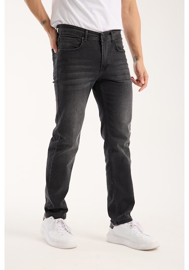 Erkek Pantolon Siyah Regular Fit Fermuarlı Jeans Füme