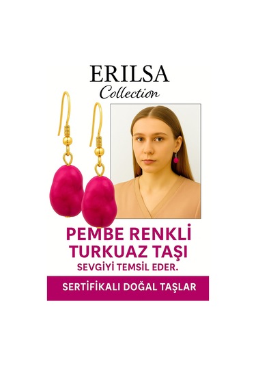 Sertifikalı Ham İşlenmemiş Pembe Turkuaz Taşı Küpe Sevgi, Huzur Çok Renkli