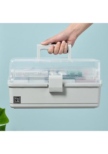 Wezone Büyük Kapasiteli Ev Tipi Tıbbi Sandık, 3 Katlı Şeffaf İlaç Saklama Kutusu, Su Geçirmez, Taşınabilir Gri Renk Gri