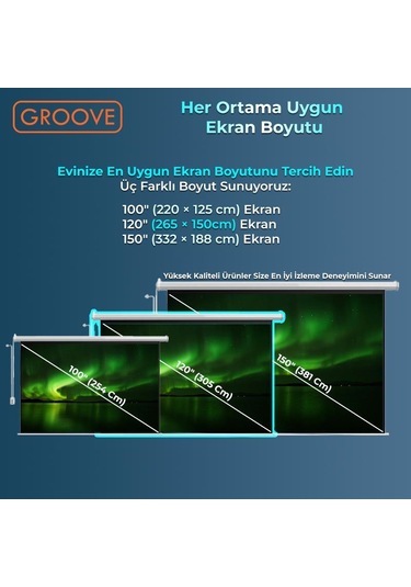 Groove Vizio Pro 120 Inch Blackout Işık Geçirmez Elektrikli Otomatik Kumandalı Projeksiyon Perdesi 265x150cm +motorlu+canlı Renkler+göz Koruması+leke Tutmaz Projector