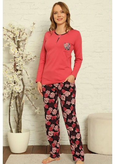 Kadın Nar Patlı Bisiklet Yaka Uzun Kollu Pijama Takım EDY2636UK-N Narçiçeği