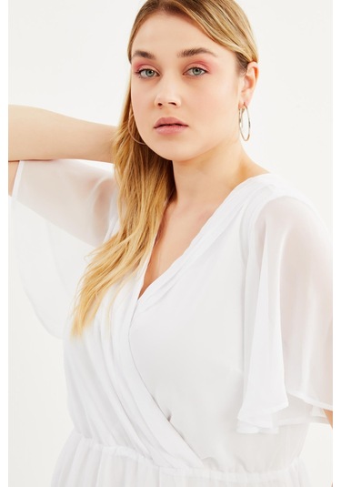 Anvelop Pelerin Kol Şifon Elbise-1512 Beyaz