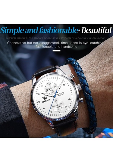 Olevs 2880 Erkekler Çok Fonksiyonlu İş Su Geçirmez Deri Kayış Kuvars Saat Beyaz