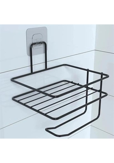 Petinka Tuvalet Kağıdı Tutacağı Siyah Modern Metal Tasarım Yapışkanlı Yedek Raf