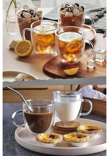 Çift Camlı Çift Cidarlı Cam Kupa 250 Ml Ev Ofis Fincanı Çift Katlı Isı Yalıtımlı Kulplu Cam Bardak