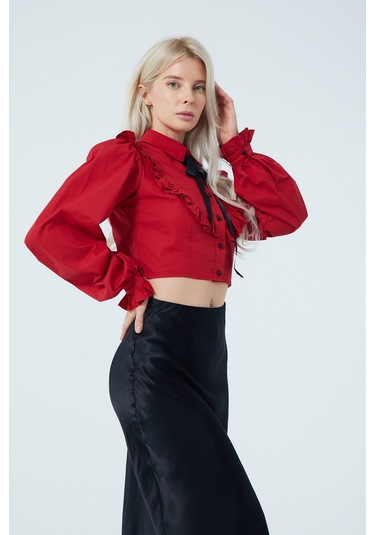 Fiyonk Fırfır Detaylı Poplin Gömlek Kırmızı