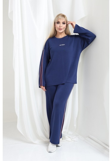 Kadın Büyük Beden Uzun Kollu Şerit Detaylı Oysho Tarzı Modal Kumaş Takım Lacivert