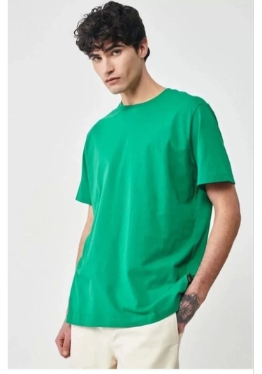 Unisex Düz Biskilet Yaka Oversize T-shirt - Yeşil Yeşil