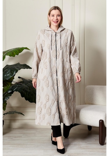 Kadın Büyük Beden Kapüşonlu Jakar Kap Siyah