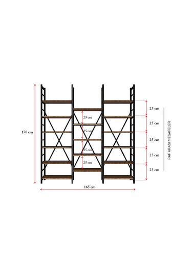 6 Raflı Metal Kitaplık Üç Modül-metalk03-petra