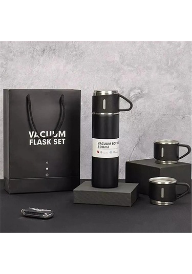 Kişiselleştirilebilir 3 Bardaklı Çelik Termos 05 Lt Siyah Siyah