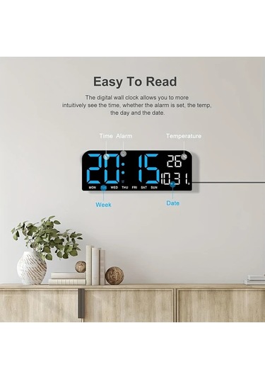 Willowhaven Beyaz Mavi Ekranlı 10 İnç Büyük Dijital Saat Alarmlı Termometreli Dekoratif