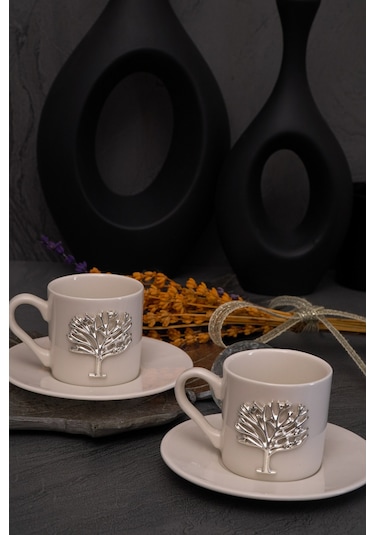 Hayat Ağacı Platin Kabartma Motif 4 Parça 2 Kişilik Kahve Fincan Takımı
