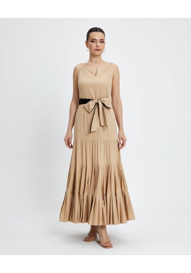 Kadın Askılı Uzun Elbise - Kemer Detaylı - Modern Ve Şık - Günlük Ve Özel Günler İçin Elbise Bej