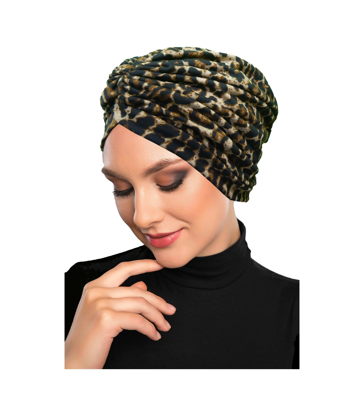 Savanna Vog Desenli Çapraz Ve Bant Detaylı Astarlı Hazır Türban Tesettür Havuz Bonesi Koyu Leopar