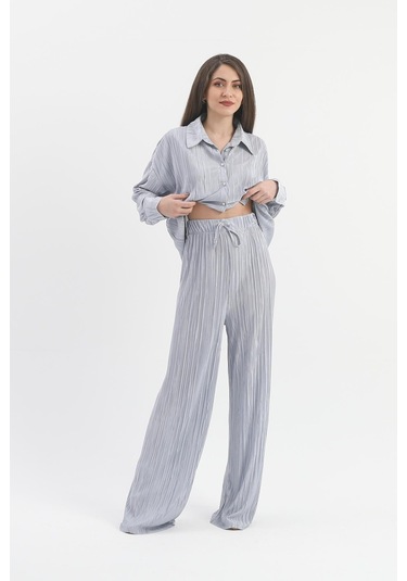 Düğme Detaylı Örme Pilise Takım - Gri-gri Gri