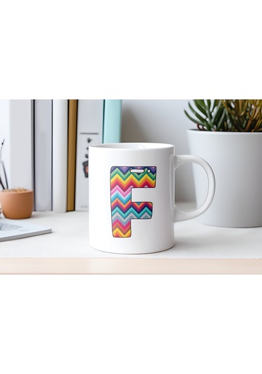 F Harfi Renkli Zigzag Desenli Kupa Bardak - Afrika Tarz Etnik Tasarım Kupa - Kişiye Özel Beyaz