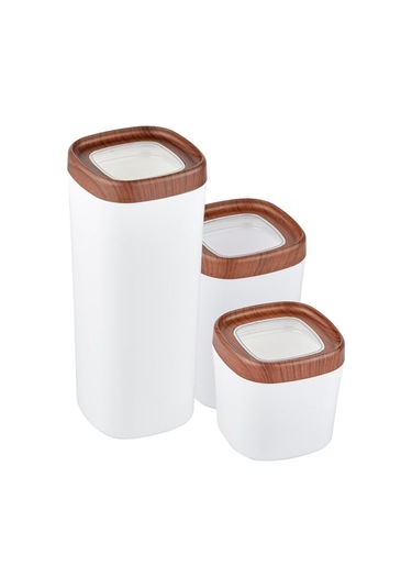Ceronni Bonny Erzak Saklama Kabı 3lü Set Ahşap Kaplama Kapak Renkli Hazne 1,8lt - 1lt - 600ml Koyu Ahşap Ahşap
