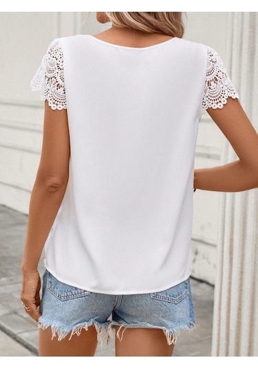 Munn Collection Kadın Kısa Dantel Kollu Bisiklet Yaka Sandy Bluz Beyaz
