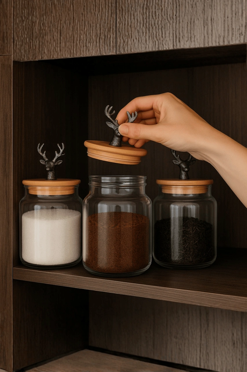 3'lü Metal Siyah Geyik Figürlü Bambu Kapaklı Cam Kavanoz Şık Saklama Kabı 635 Cc Şeffaf