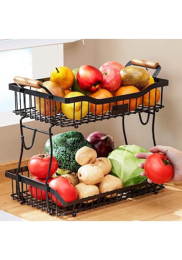 Suntek Otel Tezgah Üstü Mutfak Için 2 Katlı Meyve Sepeti Siyah