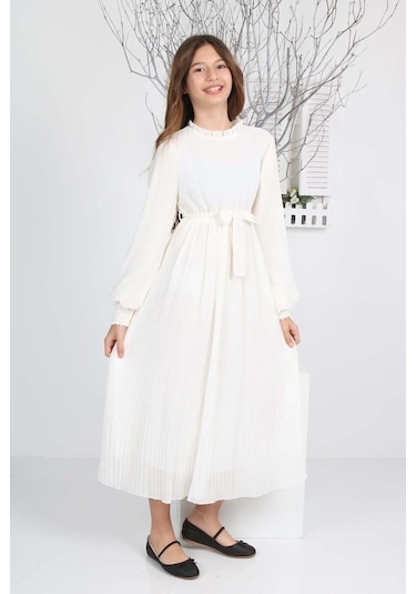 Kız Çocuk Uzun Boydan Pliseli Şifon Elbise Beyaz