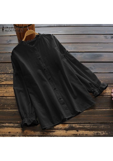 Bordo Zanzea Kadın Vintage Uzun Kollu Göğüslü Fırfırlı Bisiklet Yaka Bluz Üstler Bordo