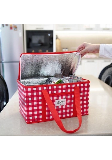 Esas Aksesuar Termo Lüks Piknik Çantası Kırmızı Ekoseli 35 X 20 X 20 Cm Kırmızı