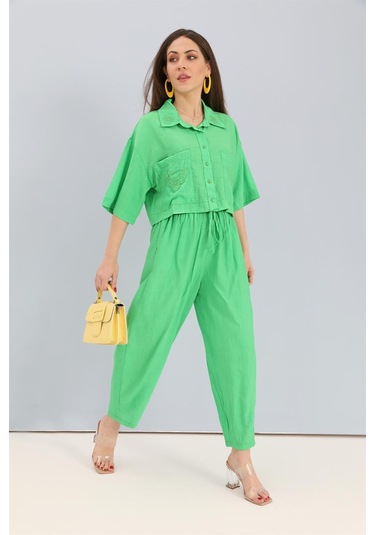 Takım Nakış Detaylı Viskon Gömlek Pantolon - Yeşil-yeşil Yeşil