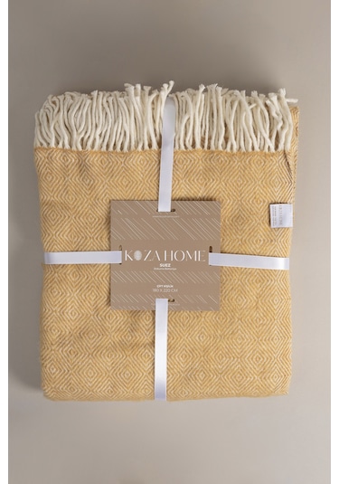 Suez Hardal Beyaz Renkli Yün Çift Kişilik Battaniyesi 91252 180x2 Hardal