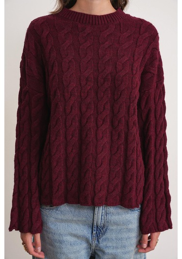 6973 Kadın Saç Örgülü Regular Basic Triko Kazak Bordo Bordo