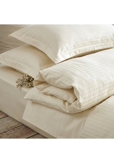 Goldroom Home Çizgili Pamuk Saten Çift Kişilik Nevresim Takımı Krem