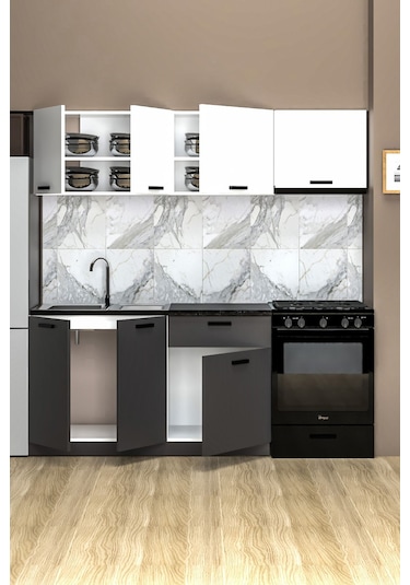 Antino 200 Cm Mutfak Dolabı, Hazır Mutfak Dolabı Tezgah + Çelik Evye Dahil Siyah