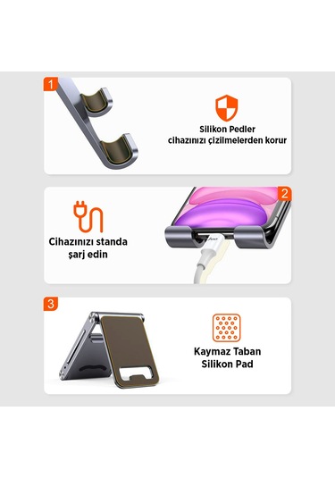 Juo Alüminyum Katlanabilir Metal Masaüstü Telefon Tutucu Standı Gümüş Gümüş
