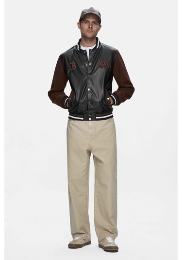 Kawelo Siyah Suni Deri Ve Kaşe Nakışlı Standard Fit Erkek Mont Siyah