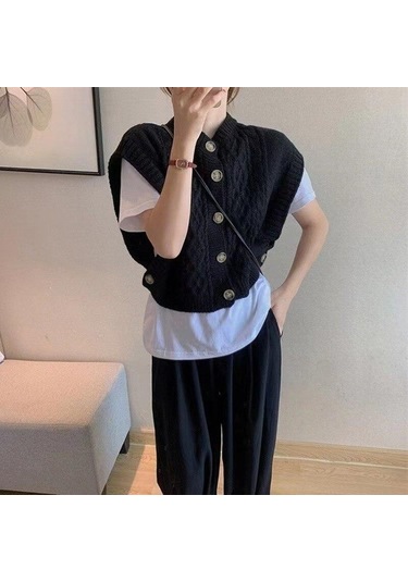 Siyah Kore Şık Vintage Büküm Kolsuz Kazak Yelek Kadın Sonbahar Kış Örme Yelek Yelekler Kadın Düğme O Boyun Triko 29143 Siyah