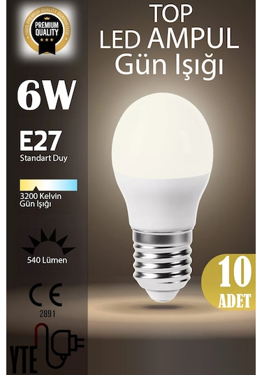 10 Adet Kaliteli Gün Işığı 6w Top Led Ampul E27 Duy