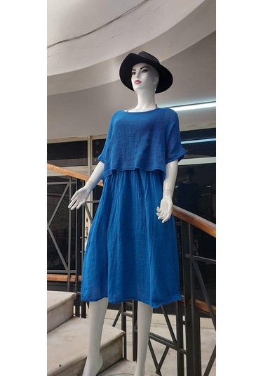 İtalyan Müslin Keteni Üstü File Bluzlu Astarlı Tek Parça Elbise Saks Mavisi