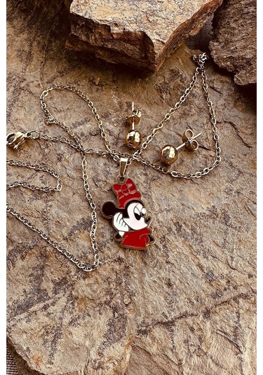 Mini Şık Kıyafetiyle Sizlerle Tatlı Mouse Paslanmaz Çelik Gold Renk Kolye Küpe Seti Altın