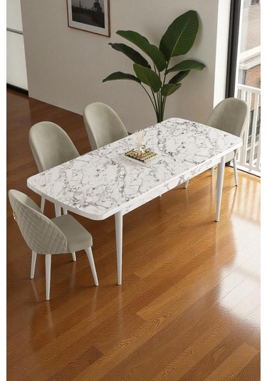Mura Beyaz Mermer 80x132 Açılabilir Mdf Masa Yemek Odası Takımı, Mutfak Takımı 4 Adet Sandalye Krem