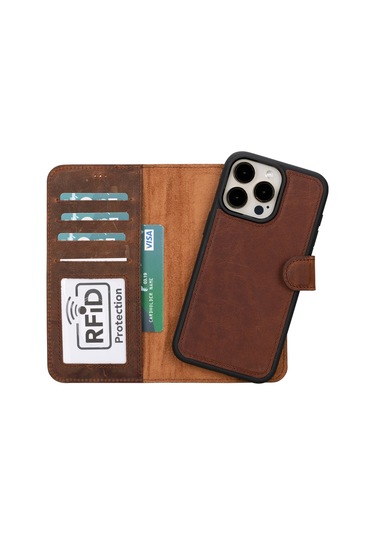 Bloomcase  İphone Uyumlu 16 Pro Max Mahogany Brown Hakiki Deri Cüzdanlı Telefon Kılıfı Kahverengi