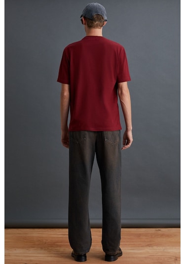 GRIMELANGE Solo Erkek %100 Organik Pamuklu Kalın Dokulu Comfort Fit Bisiklet Yakalı Bordo T-shirt Bordo