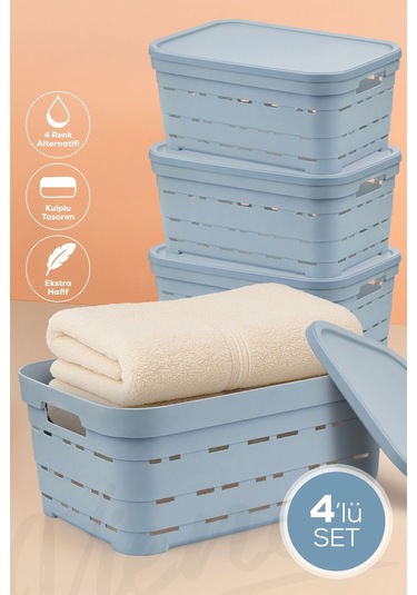 Vienev 4'lü Kapaklı 10,8 Litre Delikli Saklama Kutusu Mavi Mavi