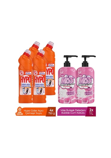 Hypo Gider Açıcı Çamaşır Suyu Çam Tazeliği 750 Gr X 4 + Miss Bulaşık Deterjanı Bubble 1 L X2 6'lı Set